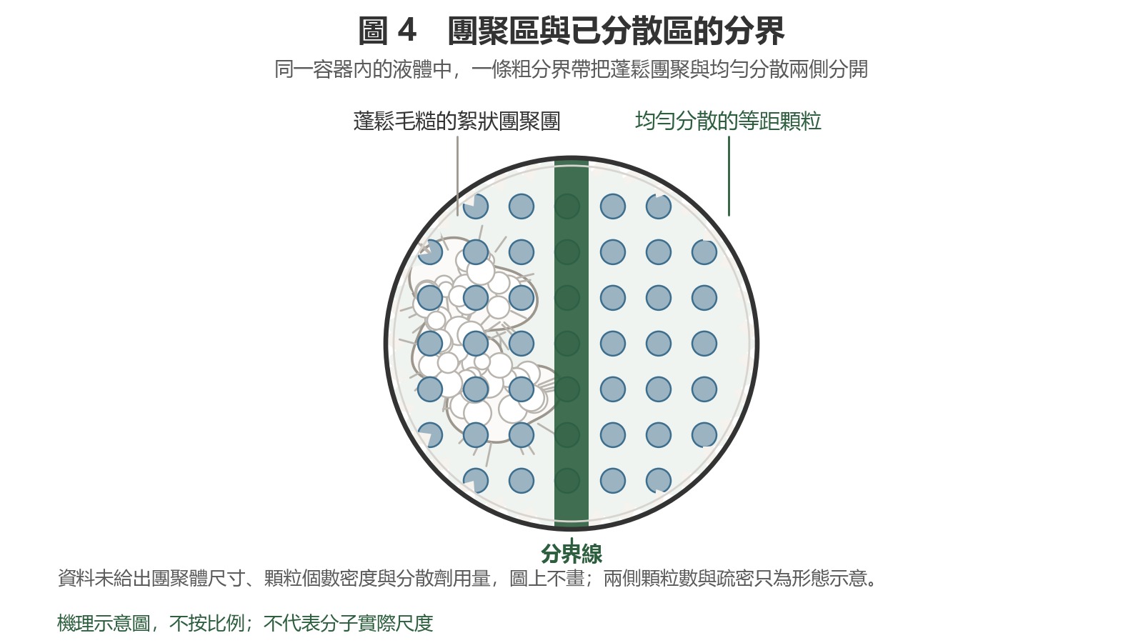 俯視示意圖：圓形容器內以一條粗分界線隔開兩側，左側為蓬鬆毛糙的白色絮狀团聚體，右側為均勻分散的等距顆粒