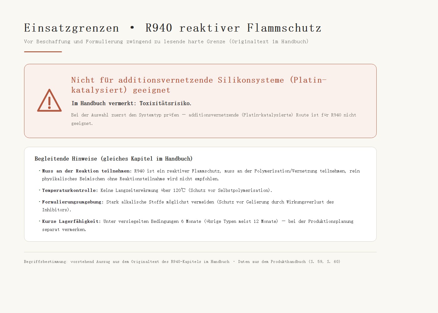 R940 Einsatzgrenzen-Warnkarte: Verboten in additionsvernetzenden Silikonsystemen (Platinkatalyse) – Handbuch vermerkt Toxizitätsrisiko