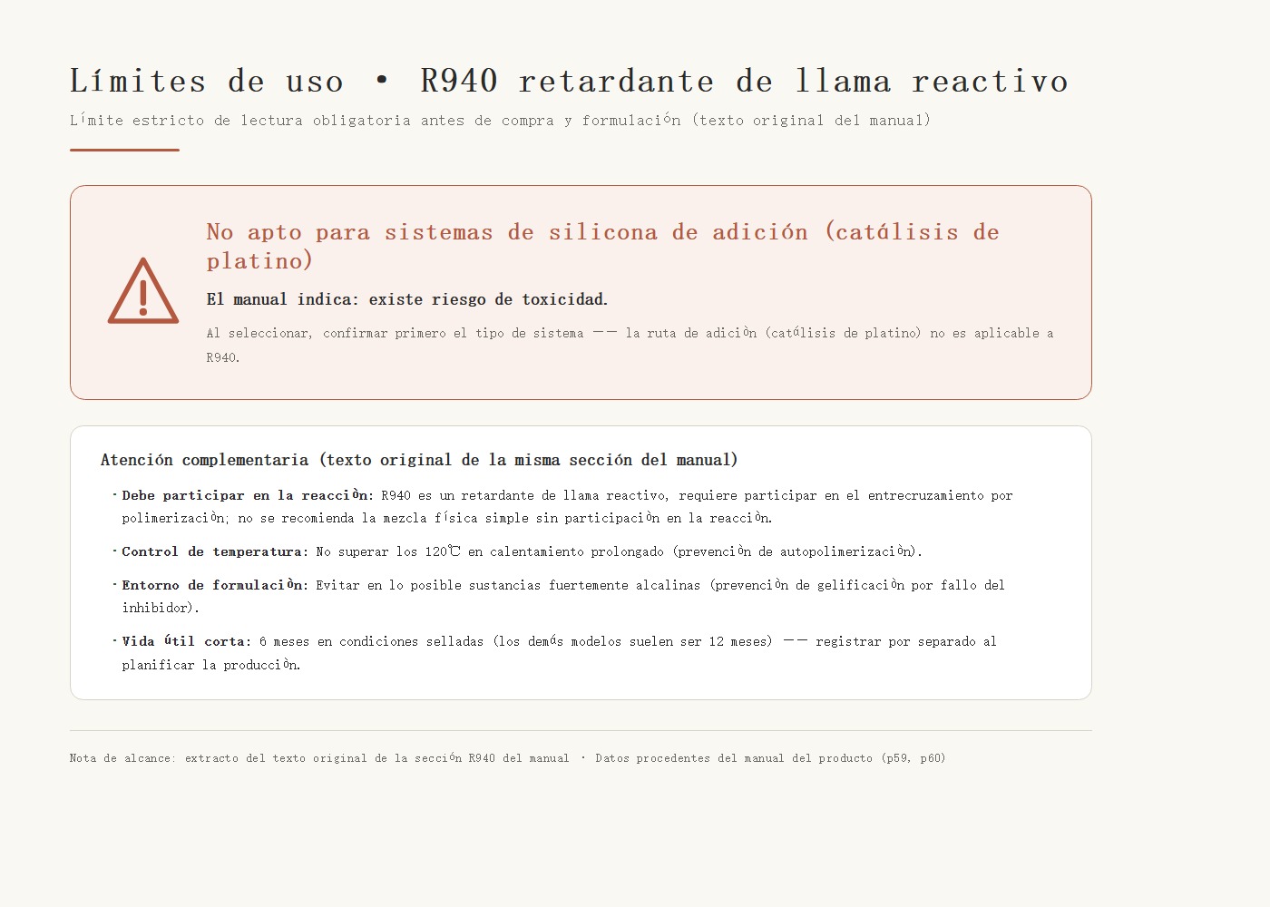 Tarjeta de advertencia de límites de uso de R940: prohibido en sistemas de silicona por adición (catalizado con platino)—el manual indica riesgo de toxicidad