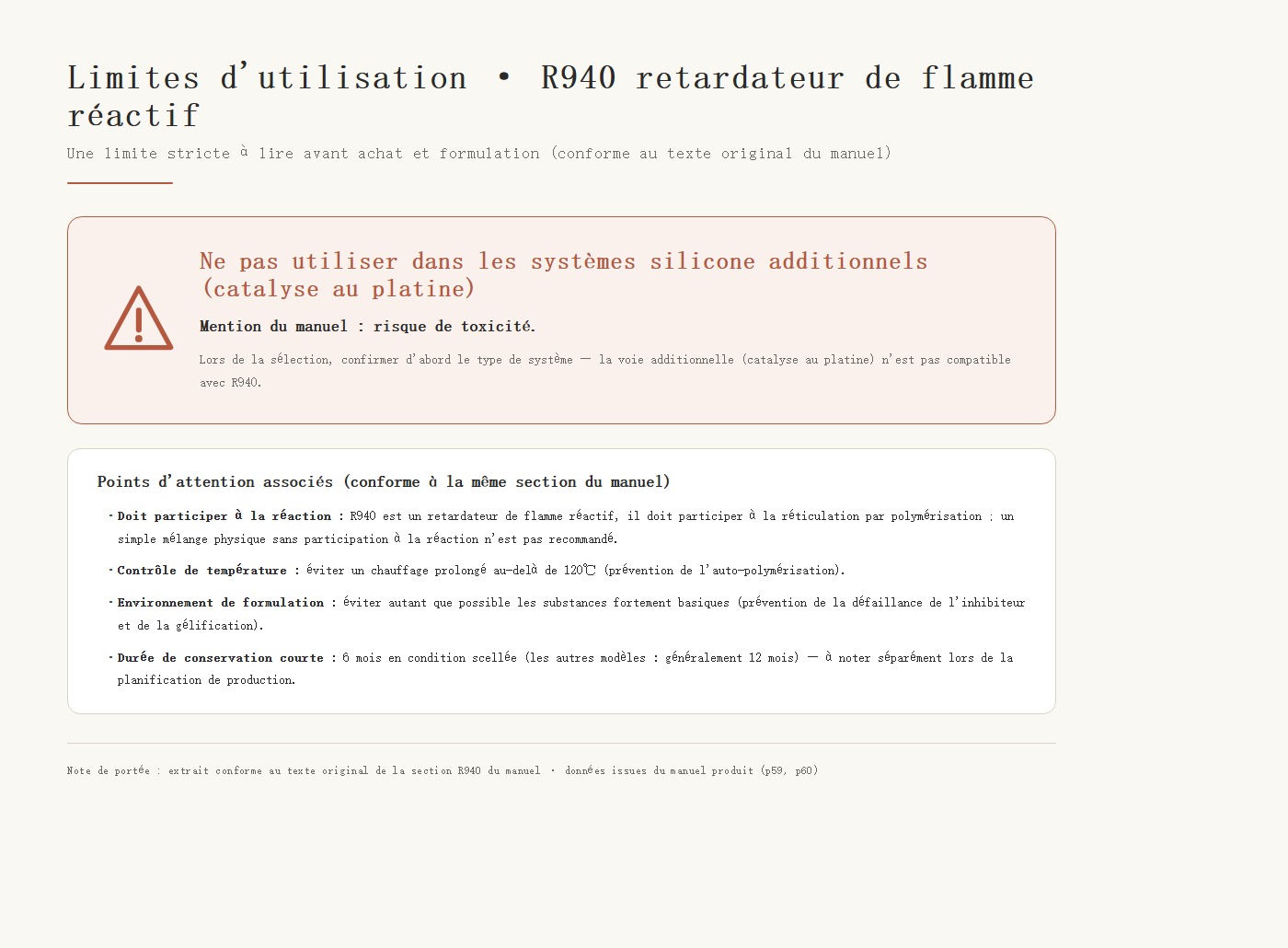 Carte d'avertissement des limites d'emploi du R940 : interdit dans les systèmes silicone par addition (catalyse platine) — risque de toxicité signalé dans le manuel
