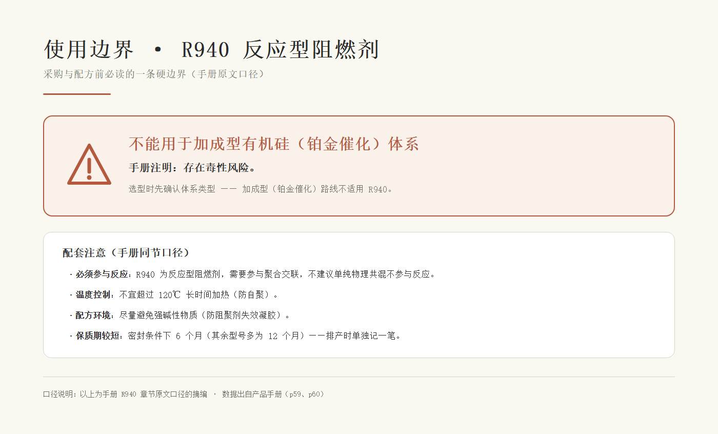 R940 使用边界警示卡：加成型有机硅（铂金催化）体系禁用——手册注明有毒性风险