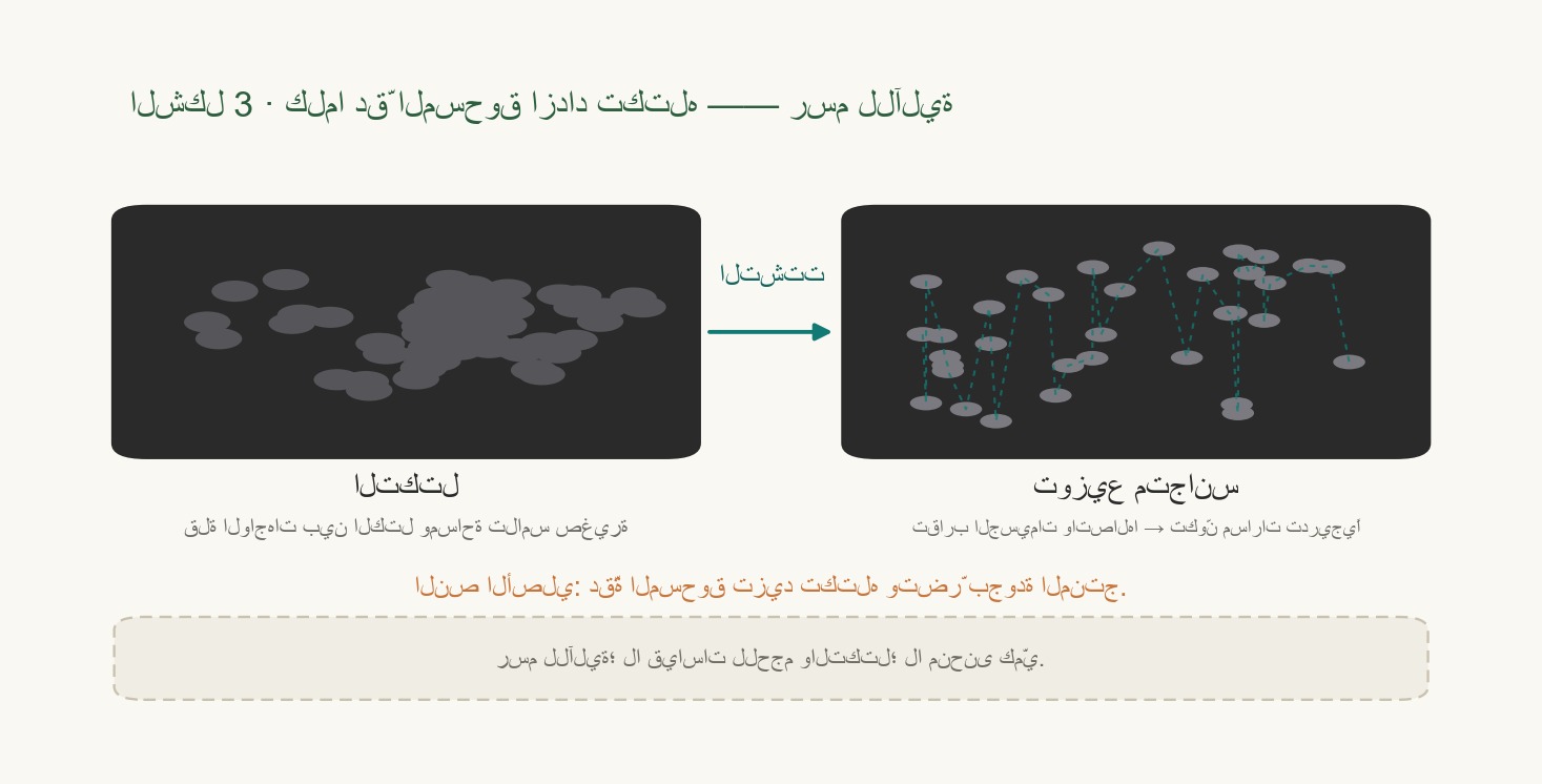 رسم توضيحي: كلما صغرت الجسيمات ازداد عدد نقاط التماس بينها، مما يزيد احتمال تكتّلها؛ ويوضح العلاقة العكسية بين حجم الجسيم وميله إلى التكتّل.