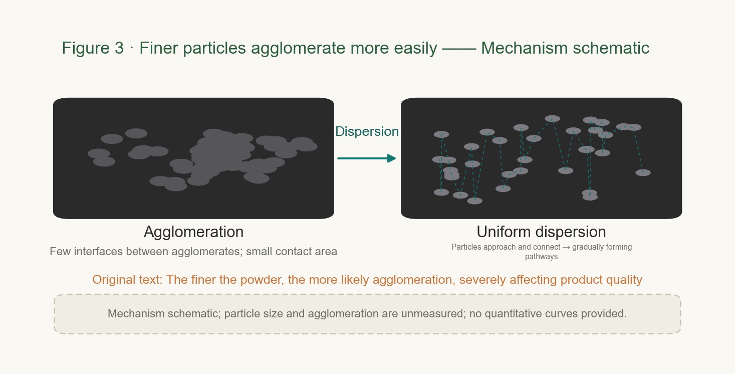 Schematic of the mechanism by which finer particles have more contact points with one another and therefore agglomerate more readily, showing the inverse relationship between particle size and agglomeration tendency.
