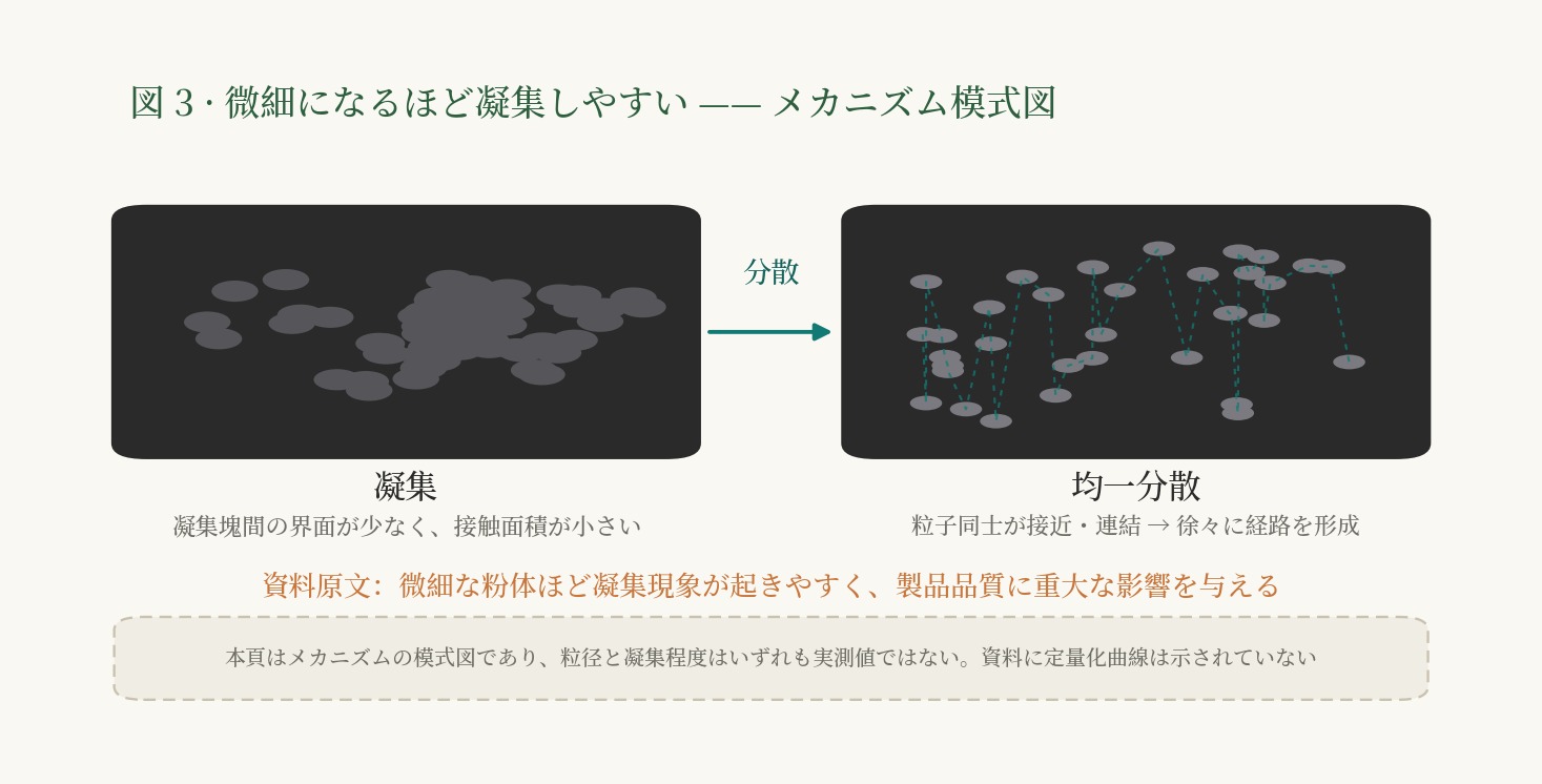 示図：粒子が細いほど、粒子間の接触点が密くなり、そのため集結しやすくなるメカニズムを示しています。粒径と集結傾向の間には逆関係があります。