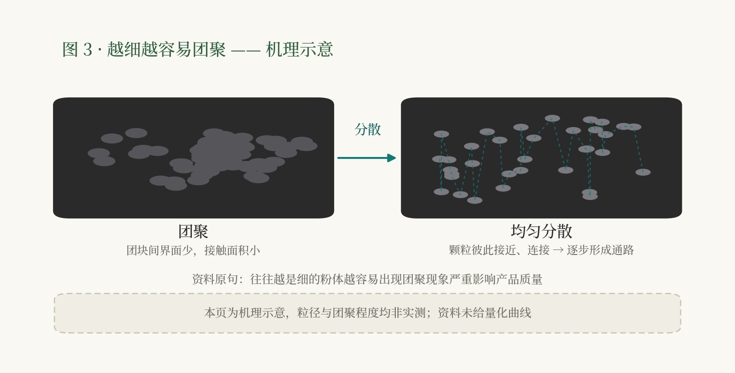 机理示意对照：左侧为团聚（团块间界面少、接触面积小），右侧为均匀分散（颗粒彼此接近连接、逐步形成通路）；底部注明本页为机理示意，粒径与团聚程度均非实测