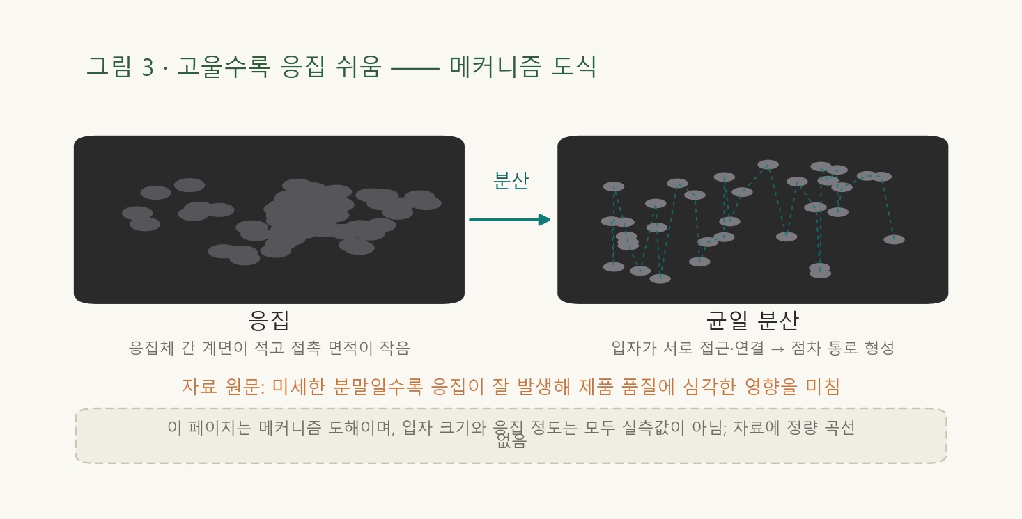 도식: 입자가 미세할수록 입자 간 접촉점이 더 조밀해지기 때문에 응집되기 쉬워지는 기작을 나타내며, 입경과 응집 경향 사이의 역상관 관계를 보여 준다.