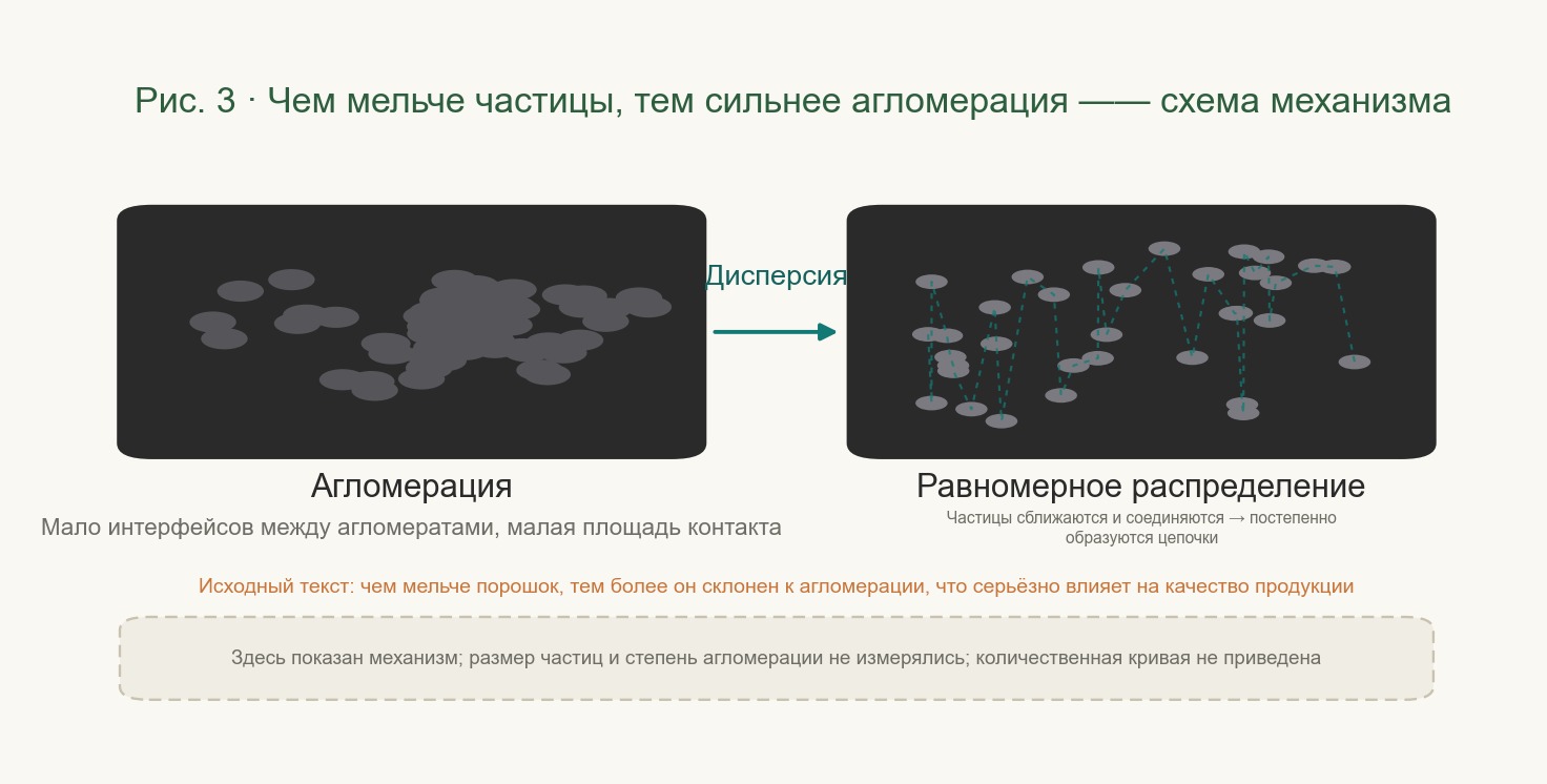 Иллюстрация: механизм, при котором с уменьшением размера частиц растёт число контактов между ними и они легче агрегируют; показана обратная зависимость между размером частиц и склонностью к агрегации.