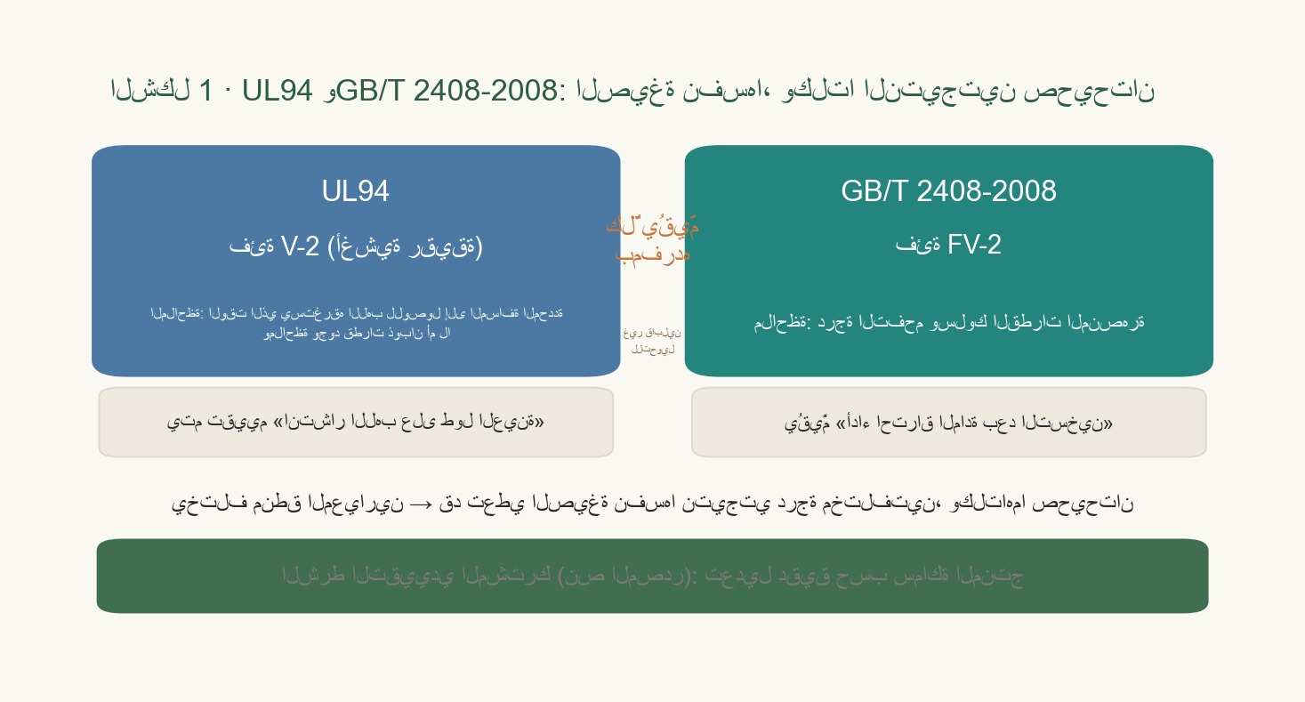 تُعرض مسارا التقييم UL94 وGB/T 2408-2008 جنبًا إلى جنب، ويوضّح كلٌّ منهما الموضوع المرصود.