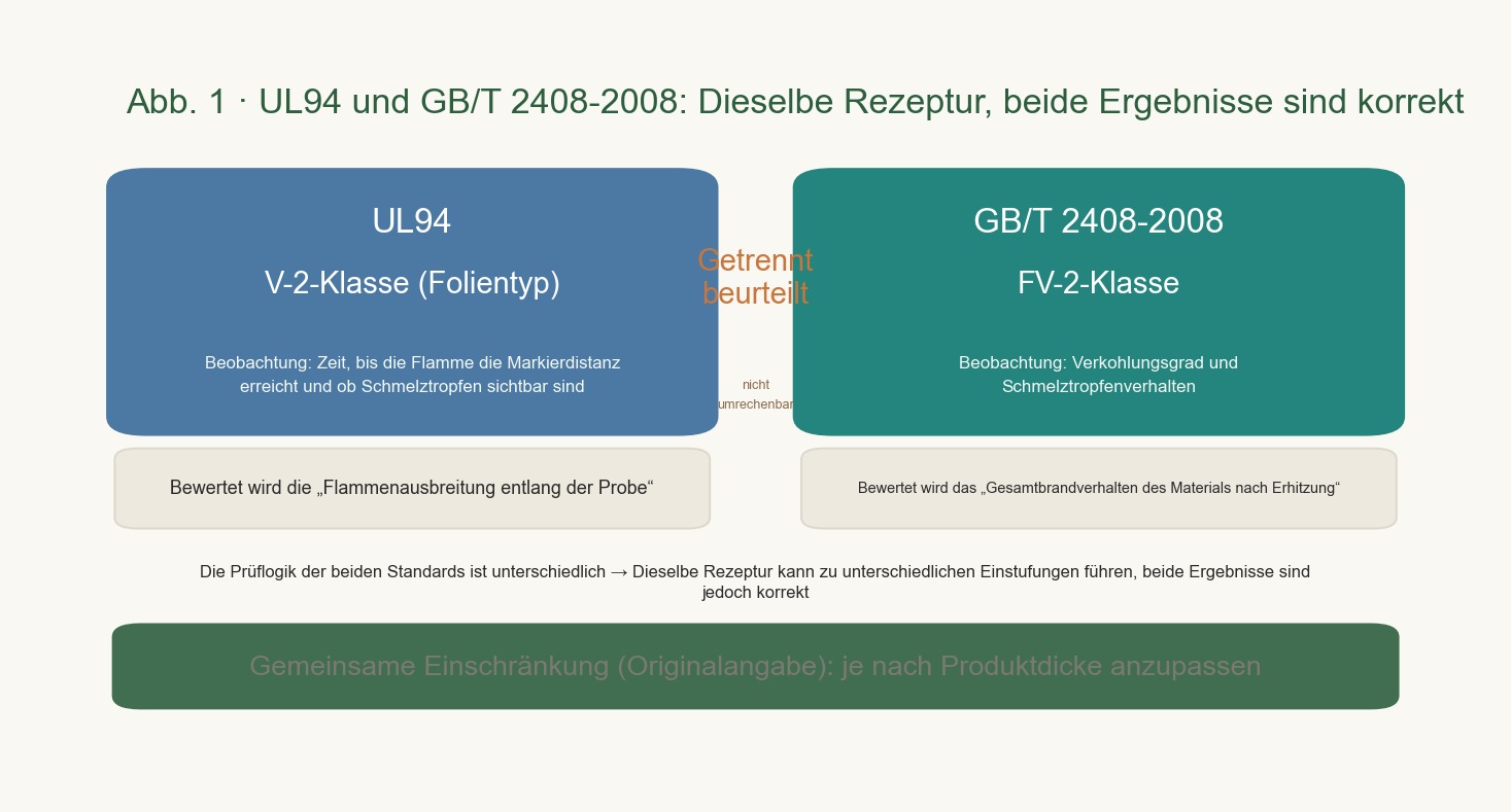 UL94 und GB/T 2408-2008 zwei Bewertungswege nebeneinander gegenübergestellt, wobei jeder die beobachteten Objekte beschreibt.