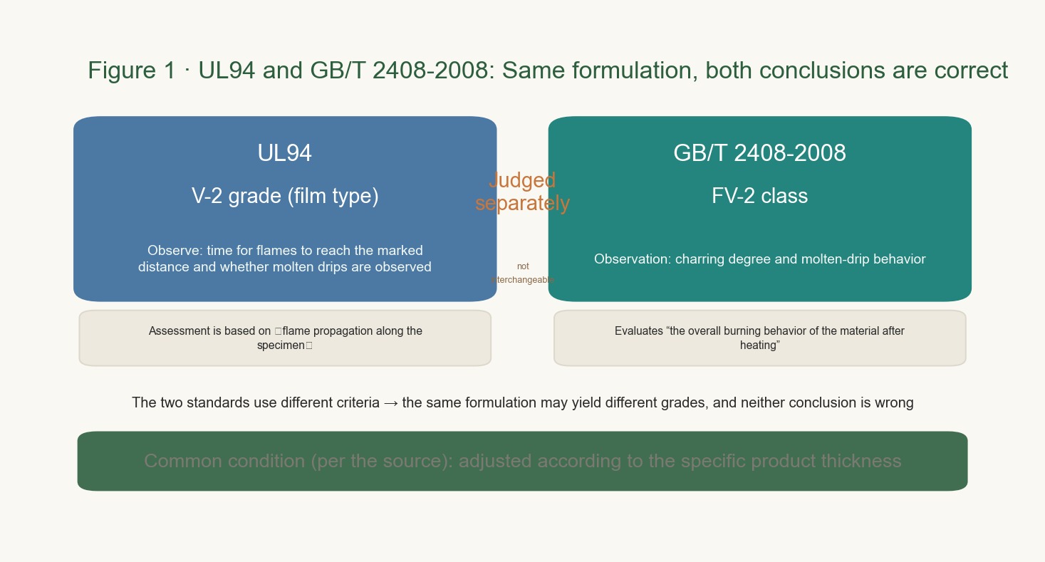 The UL94 and GB/T 2408-2008 determination pathways are compared side by side, with each identifying the object being observed.