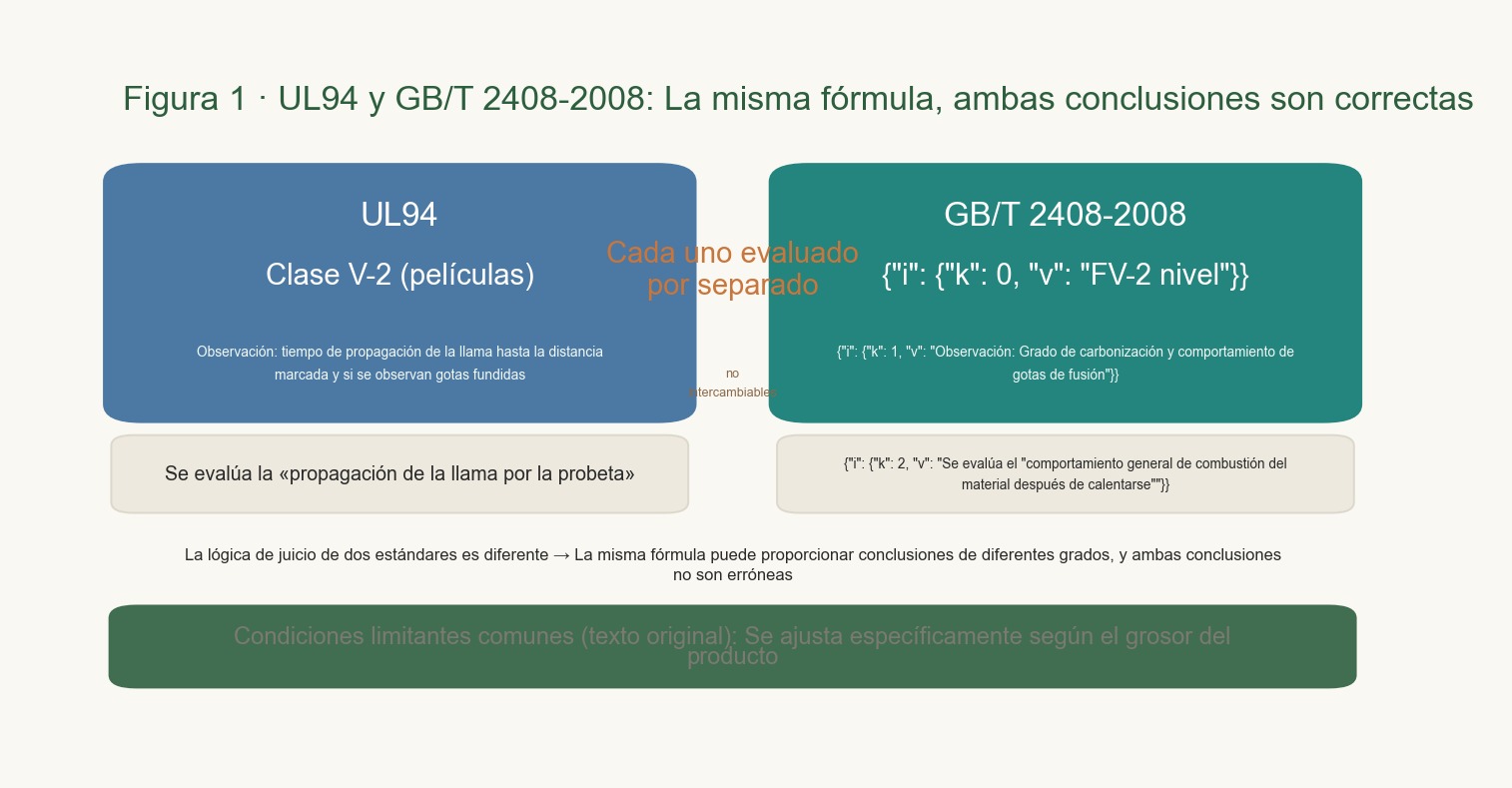 Se comparan lado a lado las dos vías de evaluación UL94 y GB/T 2408-2008, cada una indicando el objeto observado.