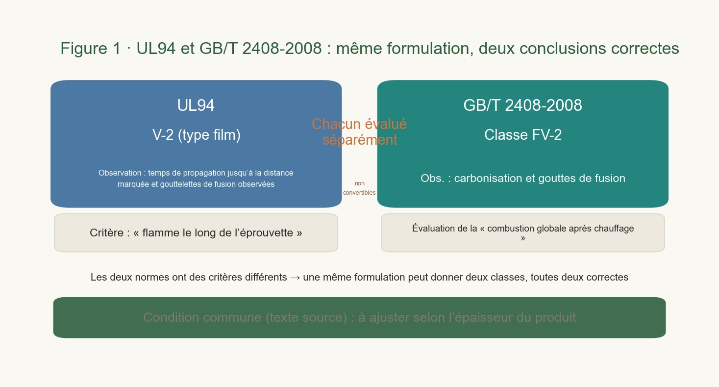 Les deux voies de détermination UL94 et GB/T 2408-2008 sont présentées côte à côte, chacune expliquant l’objet observé.