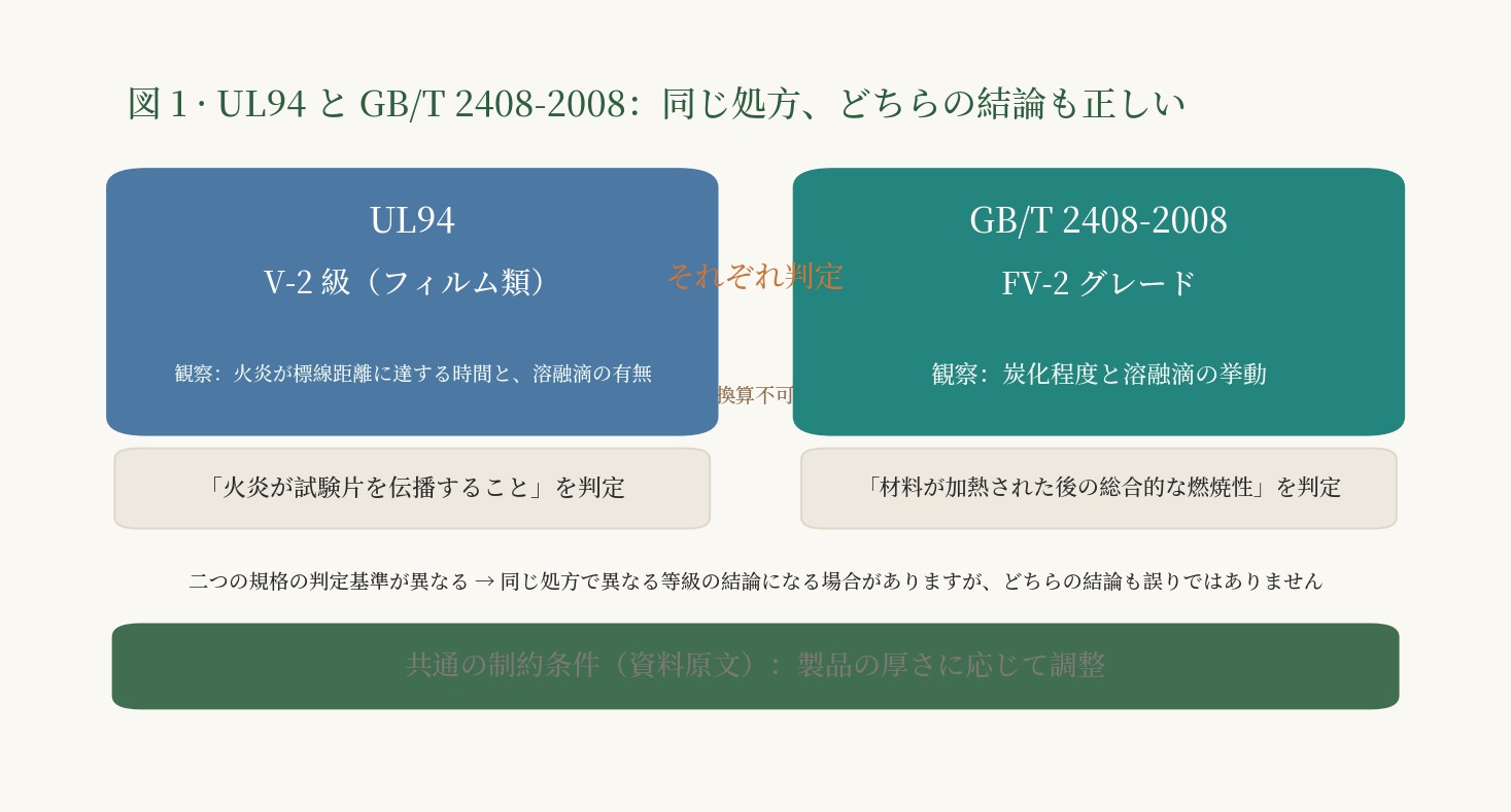 UL94とGB/T 2408-2008の2つの判定経路を横並びに対比し、それぞれが観察した対象を示す。