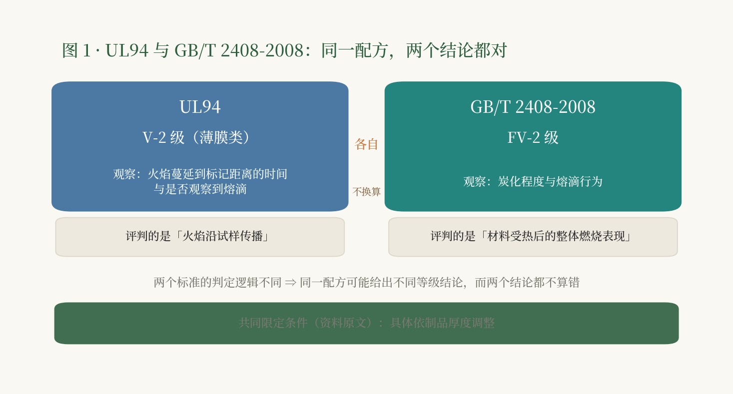 双标准对照：左列 UL94 V-2（观察火焰蔓延到标记距离的时间与是否观察到熔滴），右列 GB/T 2408-2008 FV-2（观察炭化程度与熔滴行为）；底部共用一条限定条件「具体依制品厚度调整」