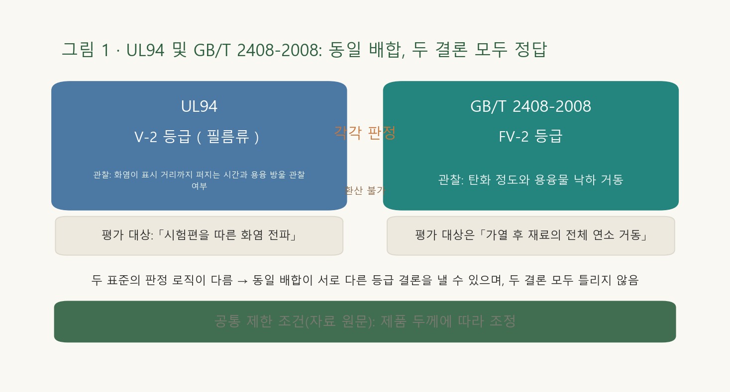 UL94과 GB/T 2408-2008의 두 판정 경로를 나란히 대비하며, 각각 관찰한 대상을 설명한다.