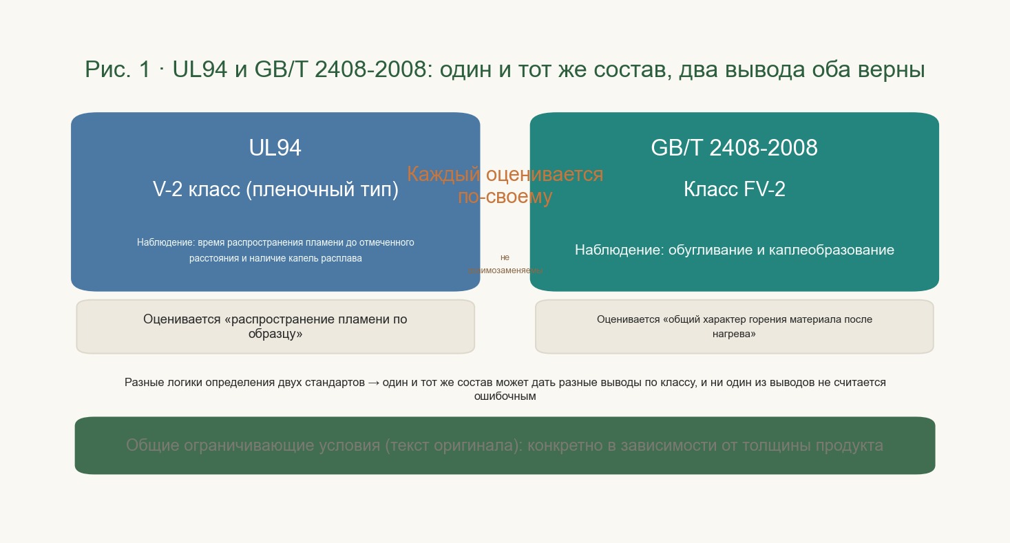 Рядом сопоставлены два пути оценки UL94 и GB/T 2408-2008; каждый из них описывает наблюдаемый объект.