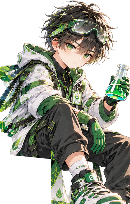 锎锔品牌 IP 形象「九八」：Q 版科研少年，棕发绿瞳，护目镜推在额前，穿迷彩实验外套与黑色工装裤，戴绿色手套，手里握着一只盛绿色液体的锥形瓶；身体前倾、鼓腮鼓风，镜片与瓶身的高光来回扫过。