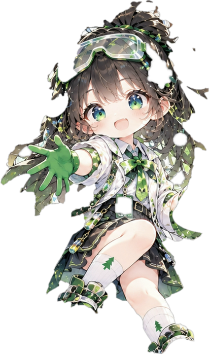 锎锔品牌 IP 形象「九六」:Q 版科研少女,棕发绿瞳,头戴aviator 护目镜与树叶头饰,穿白绿配色裙装与绿色手套,伸出戴手套的手掌;她缓缓左右转视、呼吸起伏,冷色高光从发梢与裙摆滑过。