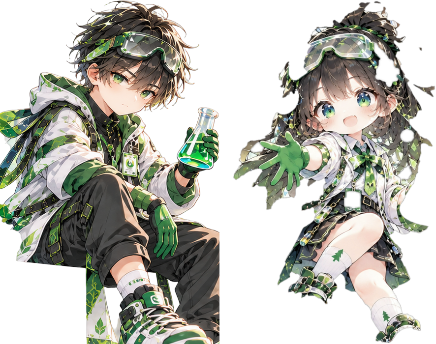锎锔品牌 IP 形象「九八」与「九六」同框：Q 版科研少年手持绿色液体锥形瓶，Q 版科研少女戴护目镜与绿色手套伸掌示意；两人一左一右、反向摆动，脚下光带交叠呼应。