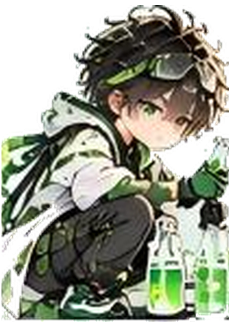 锎锔品牌 IP 形象「九八」：Q 版科研少年，棕发绿瞳，护目镜推在额前，穿迷彩实验外套与黑色工装裤，戴绿色手套；他先蹲下检视试管中的液体，再举起试剂，最后坐下记录，姿态在三种状态之间切换。