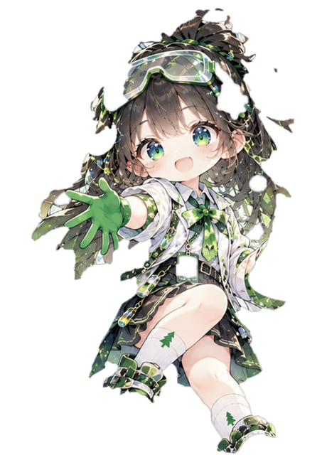 锎锔品牌 IP 形象「九六」：Q 版科研少女，棕发绿瞳，头戴飞行员护目镜与树叶头饰，穿白绿配色裙装与绿色手套；她缓缓转视四周、伸出手掌示意，身形随呼吸轻轻起伏。